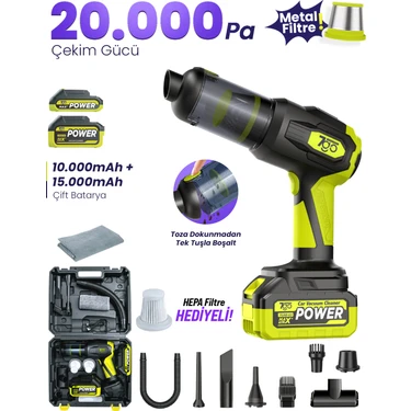 7go 7gab-03 Kablosuz Araç Içi Süpürge | 20.000PA Güçlü Emiş | 90.000RPM Fırçasız Motor | 25.000MAH