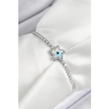 Uravas Store Pirinç Zirkon Taşlı Nazar Yıldız Model Gümüş Renk Asansörlü Kadın