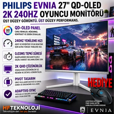 Philips Evnia Qd-Oled 26.5" 0.03 Ms 2k Pivot 240 Hz OLED Oyuncu Monitörü + Logitech Kablolu Oyuncu