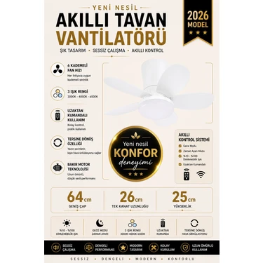 Kılıforyum Yeni Nesil Tavan Vantilatörü 64 cm Toplam Çap – 6 Kademeli, 3 Işık Renkli, Kumandalı,