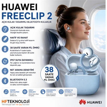 Huawei 38 Saate Varan Pil Ömrü,çift Telefon Desteği Freeclip 2 Tws Mavi Open Ear Bluetooth