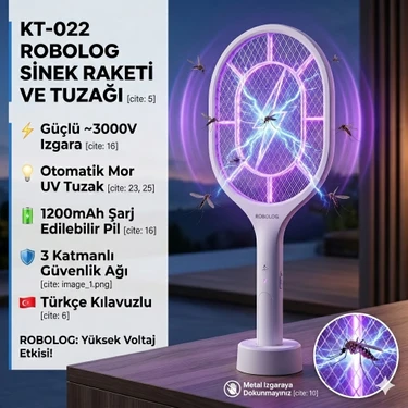 Robolog KT-022 Şarjlı Raket Uv Işıklı Elektrikli Sivrisinek Öldürücü Sinek Öldürücü Kovucu