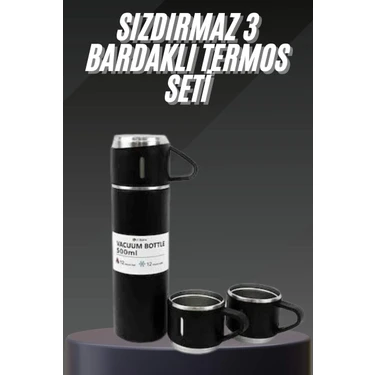 Renas Store Termos Seti Paslanmaz Çelik 3 Bardaklı Vakumlu Termos Set 500 ml 12 Saate Kadar Isı