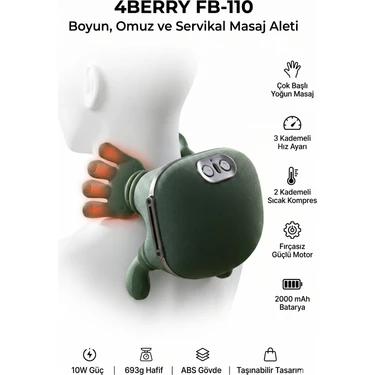 4Berry FB-110 Kablosuz Boyun Omuz Masaj Aleti, 3 Yoğunluk Modlu Isı Terapili Masaj