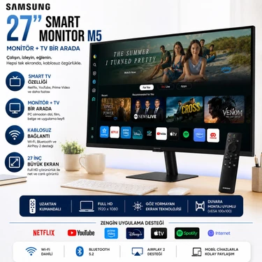 Samsung 27 Inç 1920 x 1080 Full Hd Akıllı Monitör Tv Tizen Wi-Fi Bluetooth Hoparlörlü 60 Hz 4 Ms