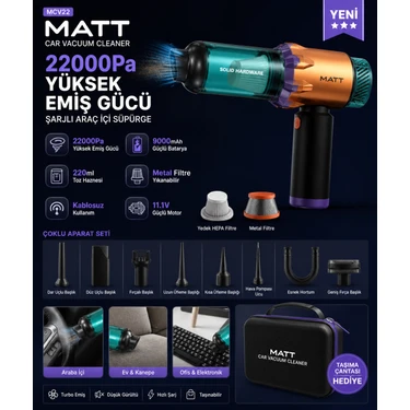 Azurtech MCV22 Şarjlı Araç Içi Süpürge 22000PA Güçlü Emiş 9000MAH Kablosuz Mini El Süpürgesi (Metal