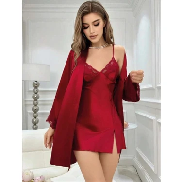 Herşey Trend Herşeytrend  Bordo Ince Askılı Saten 2li Gecelik Sabahlık