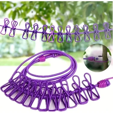 Eco Lounge Taşınabilir Seyahat Çamaşır Ipi 12 Mandallı Klipsli Lastikli Çamaşır