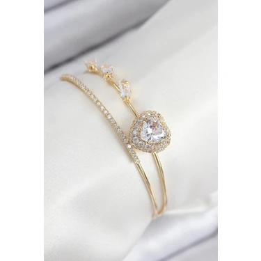 Uravas Store Pirinç Zirkon Taşlı Kalp Model Gold Renk Kadın