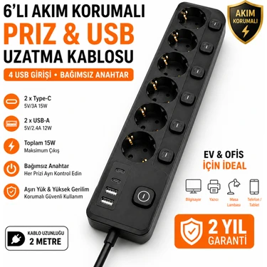Smayling 6’lı Ayrı Anahtarlı Akım Korumalı Priz 3680W 16A 2 USB 2 Type-C 2 Metre Kablolu Çoklu
