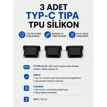 Emre Bilişim Type-C Uyumlu Şarj Girişi Toz Önleyici Tapa Yapışkanlı Siyah Premium Koruma 3