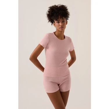 Los Ojos x Ece Pembe Modal Kumaşlı Kısa Kollu Şortlu Pijama Takımı Ribbed