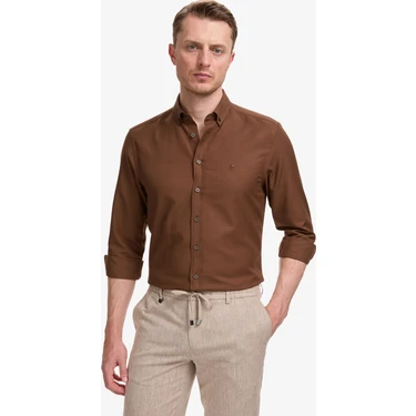 Pierre Cardin Erkek Koyu Kahverengi Oxford Slim Fit Kolay Ütülenebilir Gömlek