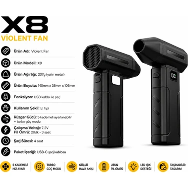 Qasul X8 Kablosuz Mini Hava Üfleyici 5 Kademeli Güç  Araç & Ev Temizlik Cihazı  