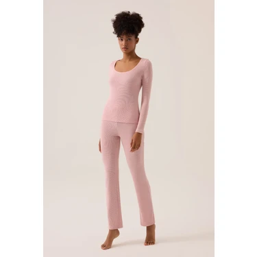 Los Ojos x Ece Pembe Modal Kumaşlı Uzun Kollu Eşofmanlı Pijama Takımı Ribbed