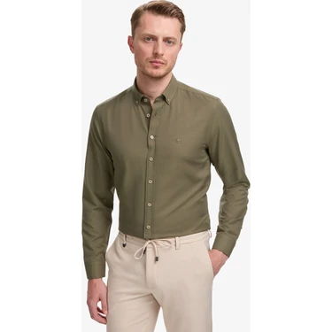 Pierre Cardin Erkek Haki Oxford Slim Fit Kolay Ütülenebilir Gömlek