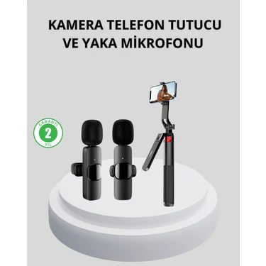 Zenvia Zcv Mey Ithalat® Kablosuz Çift Yaka Mikrofonu ve Tripodlu Selfie Çubuğu Içerik Üretici