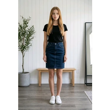 Hies Lacivert Denim Yüksek Bel Likralı  Cepli 7 cm Yırtmaçlı Kısa Kot Etek - 50