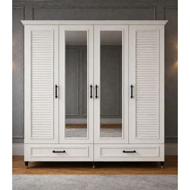 Noiss Home Decor Barlas 4 Kapılı Gardırop Elbise Dolabı Askılı Raflı Yatak Odası