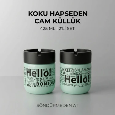 LE Paris Hello Baskılı 2 Adet Cam Kokusuz Küllük | Dumansız | Rüzgar Önleyici Kapaklı Dekoratif Cam