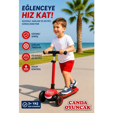 Canda Oyuncak 3 Tekerlekli Işıklı Ayarlanabilir Direksiyonlu Çocuk Scooter - Kırmızı  3+ Yaş , 50