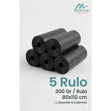 Merpak Ambalaj Kalın Çöp Torbası 300 gr x 5 Rulo Siyah Çöp Poşeti 80X110 cm Jumbo Endüstriyel Çöp