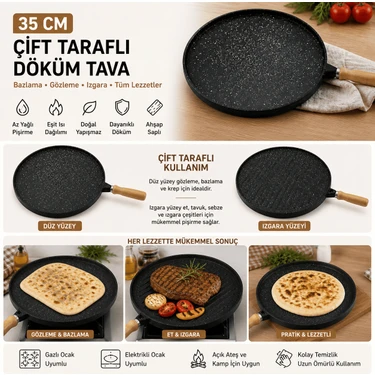 Zenvia 35 cm Döküm Gözleme Tavası Çift Taraflı Bazlama Izgara Tavası Ahşap Saplı Yapışmaz