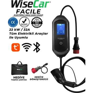Wisecar Facile 22 Kw 32A Mobil Uygulamalı Elektrikli Araç Şarj Cihazı (Wifi + Bluetooth)