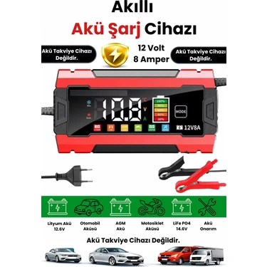 Yussraw AUHMA12V 8A Akıllı Akü Şarj Cihazı 12V 8A LCD Ekranlı Pulse Repair Otomatik Akü Şarj &