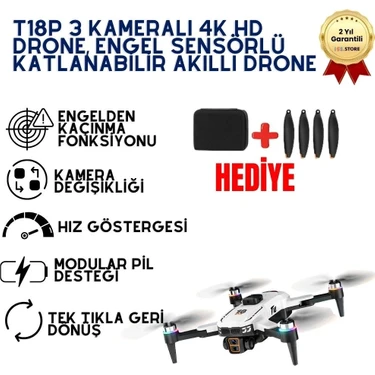 Hızlı Store T18P 3 Kameralı 4K Hd Drone, Engel Sensörlü Katlanabilir Akıllı Drone, Optical