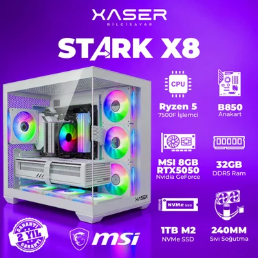Xaser Stark X8 Ryzen 5 7500F 32GB Ram 1tb M.2 Nvme SSD 8gb RTX5050 Sıvı Soğutmalı Oyuncu