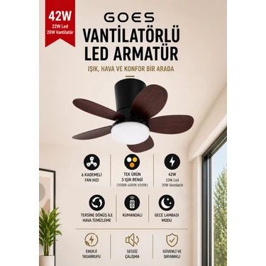 Goes Tavan Vantilatörü LED Avize Armatür 42 W 64CM 6 Kademeli Kumandalı Tersine Dönüş Gece Lambası