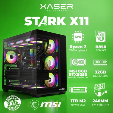 Xaser Stark X11 Ryzen 7 7700X 32GB Ram 1tb M.2 Nvme SSD 8gb RTX5050 Sıvı Soğutmalı Oyuncu