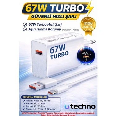 utechno Type-C 67 Watt Turbo Hızlı Şarj Aleti Adaptör+Kablo(Set) 67W (Watt) Xiaomi Redmi Note