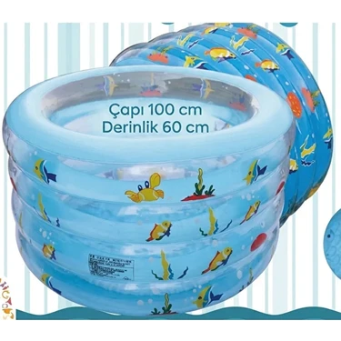 E-Vitrin Mavi 100 cm Şişme Bebek Havuzu - 60 cm Derinlikli Çocuk Deniz Havuzu - Desenli Portatif