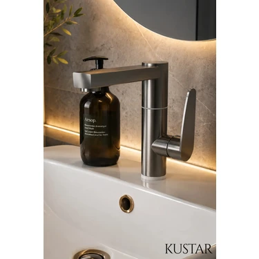 Kustar Modern Tek Kollu Inox Lavabo Bataryası | Banyo Musluğu | Aç-Kapa | Döner Boru | Sıcak