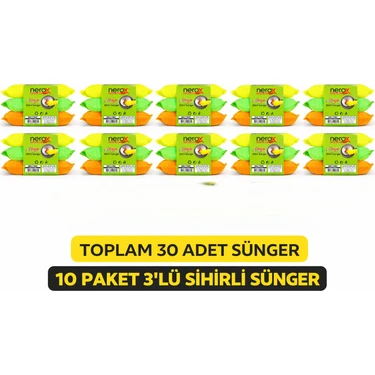 Uravas Store Nerox Magic Sihirli Sünger 3'lü 10 Paket Toplam 30 Adet Çok Amaçlı Temizlik Süngeri