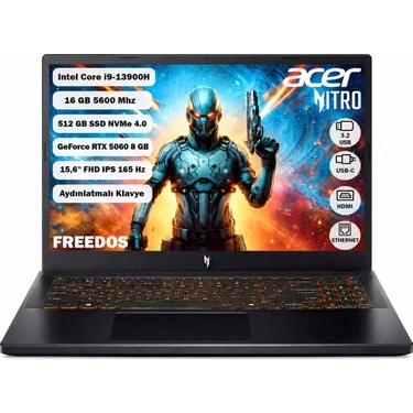 Acer ANV15-52 i9-13900H 16 GB Ram 512 GB SSD Rtx 5060 15.6" Fhd IPS 165 Hz Freedos