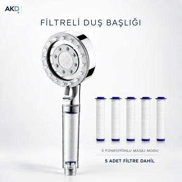 AKD Filtreli Duş Başlığı 5 Fonksiyonlu Masajlı 5 Adet Yedek
