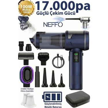 Neffo 17.000 Pa Şarjlı Araç Süpürgesi 100W – 2 Filtre Hediyeli, Taşıma Çantalı, Led Aydınlatma,