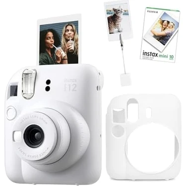 Assess Store Mini 12 Beyaz Fotoğraf Makinesi-10'lu Film-Kıskaçlı Resim Standı ve Silikon Kılıf