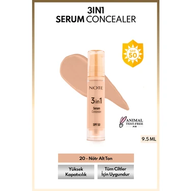 Note Cosmetics 3 In 1 Serum Concealer 20 Medium Beige Spf 50 Nemlendirici ve Aydınlatıcı Göz Altı
