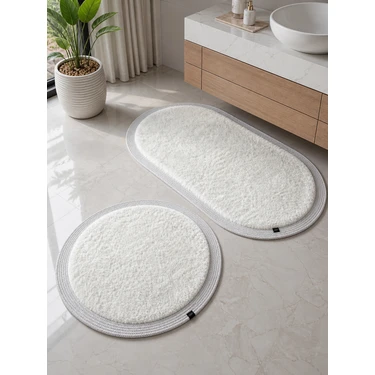 Melena Carpet Premium Kaymaz Taban Peluş Banyo Paspası Seti Jüt Kenar Detaylı 2’li Oval Yuvarlak