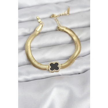 Renas Store 316L Çelik Gold Renk Siyah Yonca Model Zirkon Taşlı Yılan Zincirli Kadın
