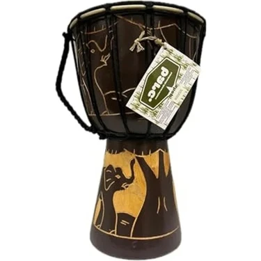 Ahşap Djembe, 30 Cm, Mahoni Ağacı ve Keçi Derisi, Otantik Çalgı, Model 006, Fil Figürlü, Dekoratif
