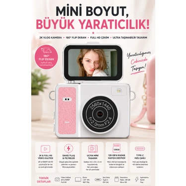 Robeve Mini Dijital Fotoğraf Makinesi 2k Full Hd – 180° Dönebilen Ekranlı Vlog Kamerası |