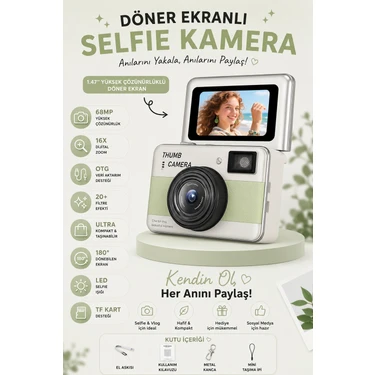 Robeve 68MP Dijital Fotoğraf Makinesi | 180° Döner Ekranlı Mini Selfie Kamera | 16X Zoom, LED Flaş,