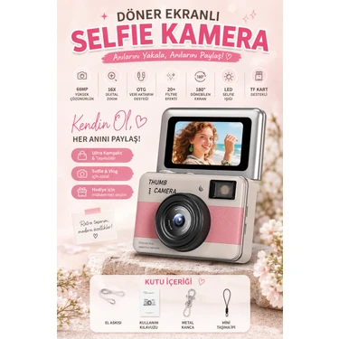 Robeve 68MP Dijital Fotoğraf Makinesi | 180° Döner Ekranlı Mini Selfie Kamera | 16X Zoom, LED Flaş,