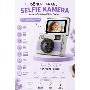 Robeve 68MP Dijital Fotoğraf Makinesi | 180° Döner Ekranlı Mini Selfie Kamera | 16X Zoom, LED Flaş,