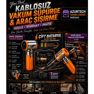 Azurtech 22000PA Kablosuz Araç Süpürgesi ve Lastik Şişirme Pompası | Çift Bataryalı 4’ü 1 Arada